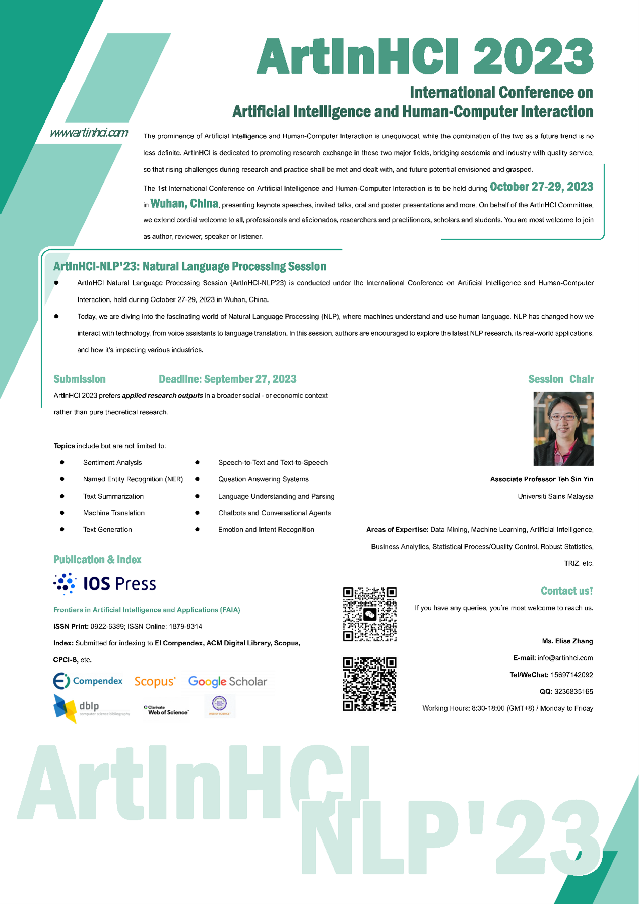 International Conference on Artificial Intelligence and Human-Computer Interaction is to be held during October 27-29, 2023 in Wuhan, China